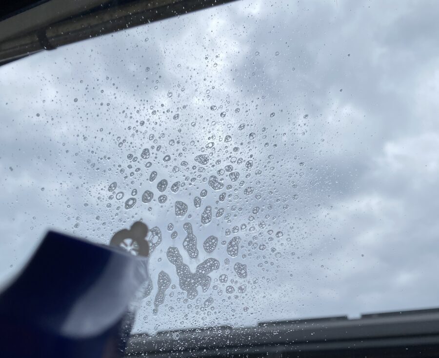 ガラス掃除中
